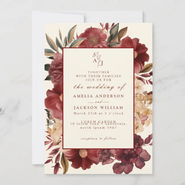 Romantic Burgundy red and copper Wedding Invitatio Invitation | Zazzle