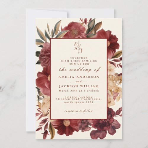 Romantic Burgundy red and copper Wedding Invitatio Invitation