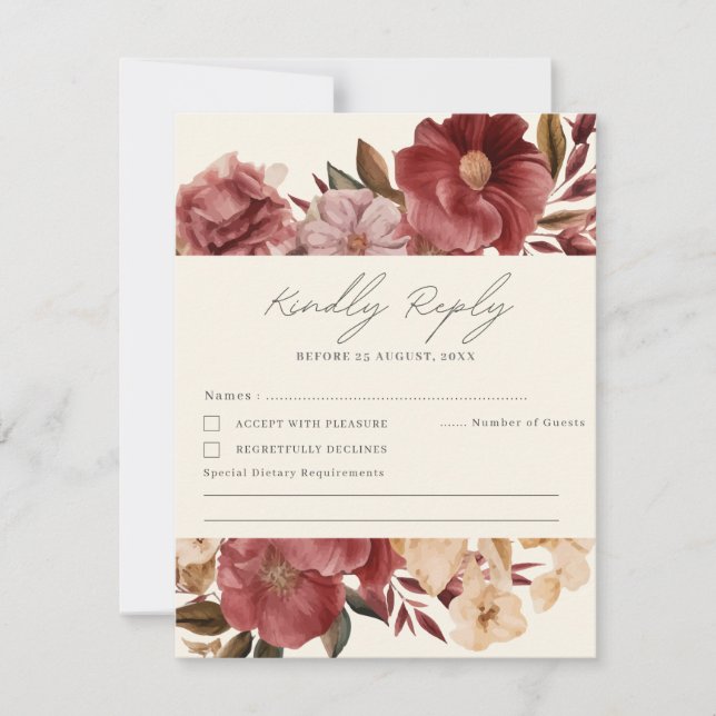 Romantic Burgundy red and copper Wedding RSVP Card (Front)