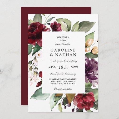 Romantic Burgundy Red and Plum Floral Wedding Invitation