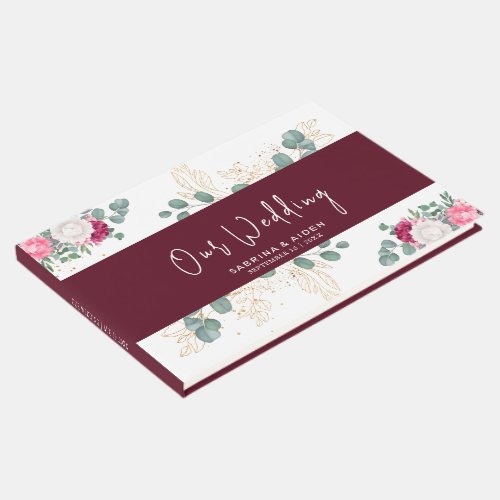 Romantic Burgundy Red  Bllush Pink Floral Wedding Guest Book