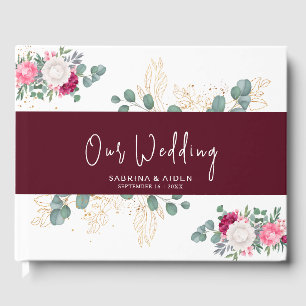Romantic Burgundy Red   Bllush Pink Floral Wedding Guest Book
