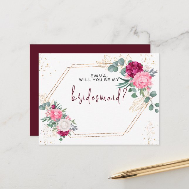 Romantic Burgundy Red Blush Pink Floral Bridesmaid Postcard (Front/Back In Situ)