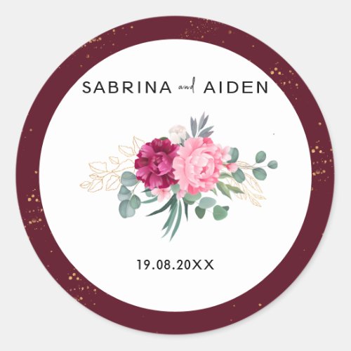 Romantic Burgundy Red  Blush Pink Floral Wedding Classic Round Sticker