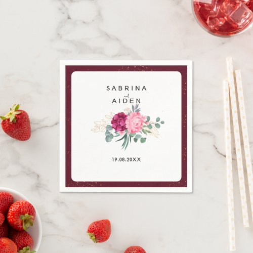 Romantic Burgundy Red  Blush Pink Floral Wedding Napkins