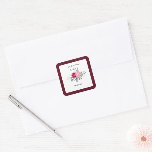 Romantic Burgundy Red  Blush Pink Floral Wedding  Square Sticker