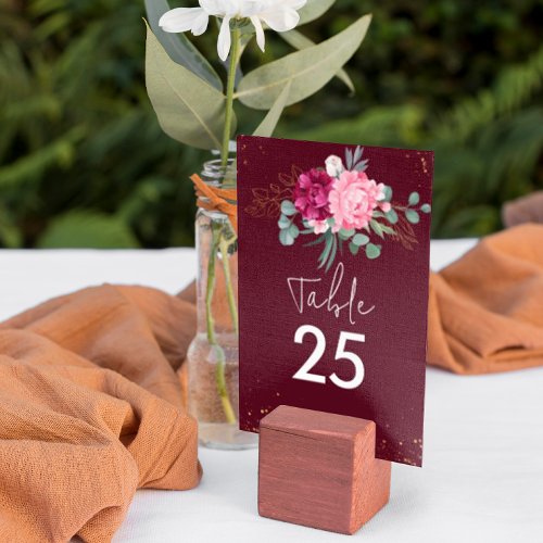 Romantic Burgundy Red Blush Pink Floral Wedding   Table Number