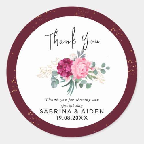 Romantic Burgundy Red  Blush Pink Gold Floral  Classic Round Sticker