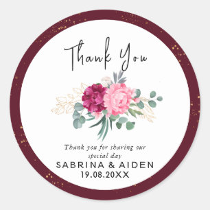 Romantic Burgundy Red Blush Pink Gold Floral Classic Round Sticker
