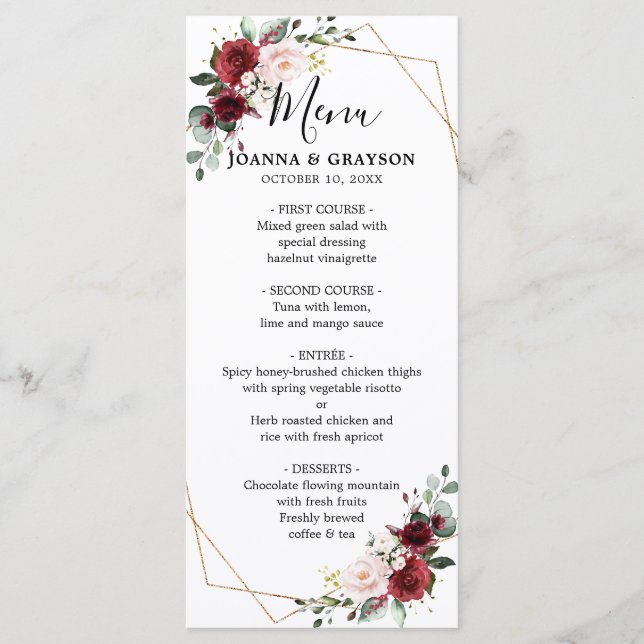 Romantic Burgundy Red Blush Rose Floral Geometric Menu (Front)