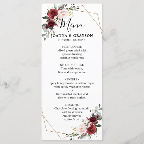 Romantic Burgundy Red Blush Rose Floral Geometric Menu