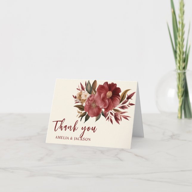 Romantic Burgundy red copper Wedding  Thank You Card (Front)