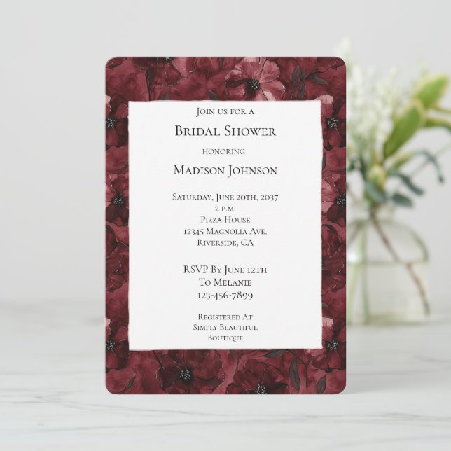 Romantic Burgundy Red Floral Bridal Shower Invitation (Standing Front)