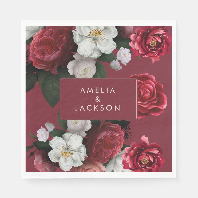 Romantic Burgundy red floral fall Wedding Napkins (Front)