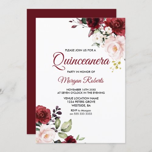 Romantic Burgundy Red Flowers Quinceanera  Invitation