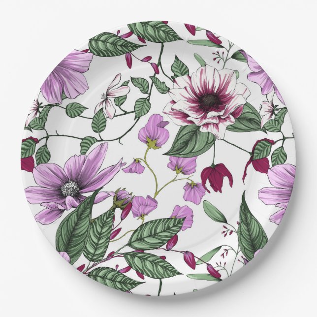 Romantic burgundy red peony flowers greenery poppy paper plates (Front)