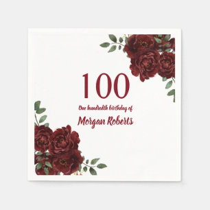 Romantic Burgundy Red Rose 100th Birthday Party Napkins