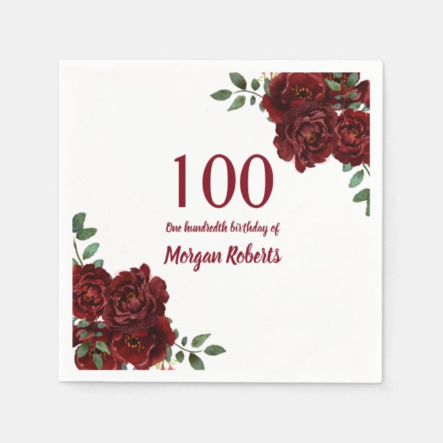 Romantic Burgundy Red Rose 100th Birthday Party Napkins (Front)