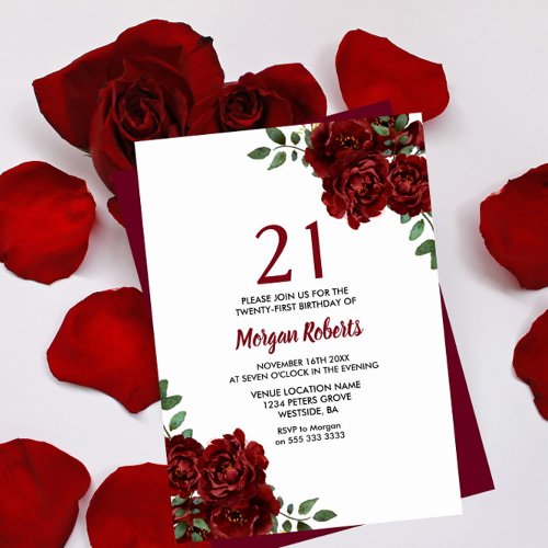 Romantic Burgundy Red Rose 21st Birthday Invite