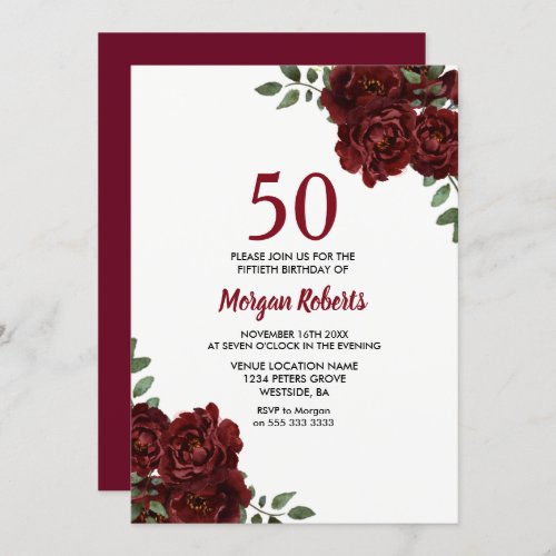 Romantic Burgundy Red Rose 50th Birthday Invite