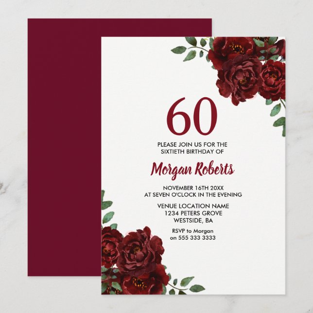 Romantic Burgundy Red Rose 60th Birthday Invite (Front/Back)