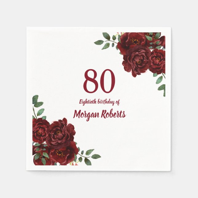 Romantic Burgundy Red Rose 80th Birthday Party Napkins (Front)