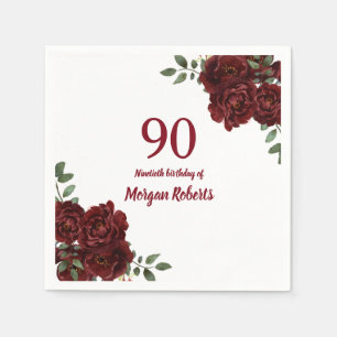 Romantic Burgundy Red Rose 90th Birthday Party Paper Napkins