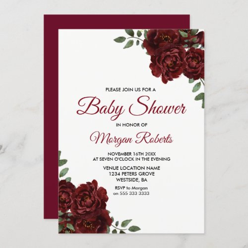Romantic Burgundy Red Rose Baby Shower Invite
