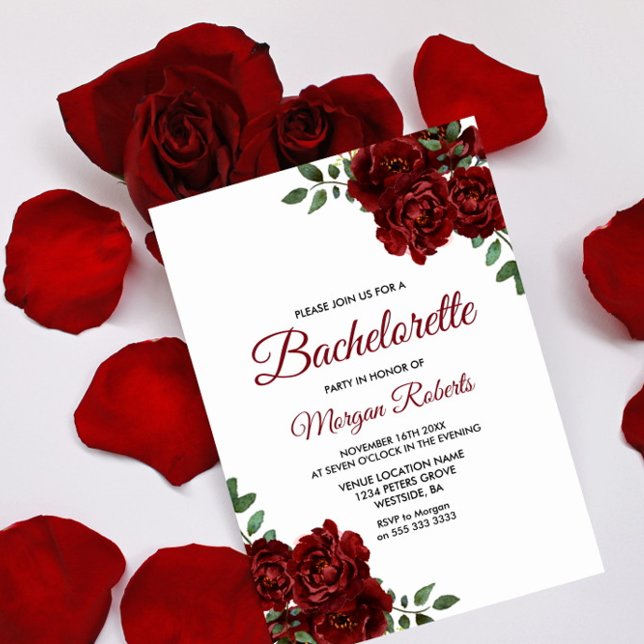 Romantic Burgundy Red Rose Bachelorette Invite (Creator Uploaded)