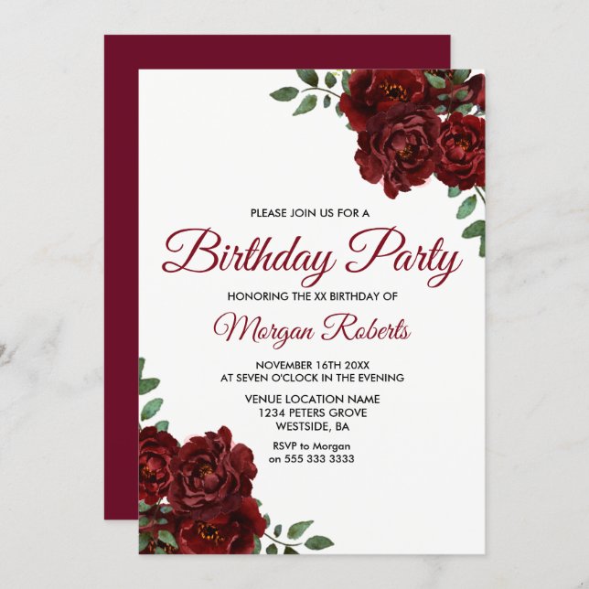 Romantic Burgundy Red Rose Birthday Party Invite (Front/Back)