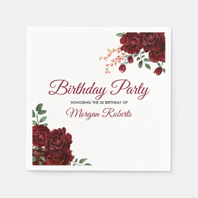 Romantic Burgundy Red Rose Birthday Party Napkins (Front)