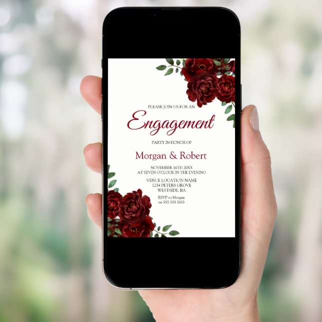 Romantic Burgundy Red Rose Engagement Party Invite (Front Digital)