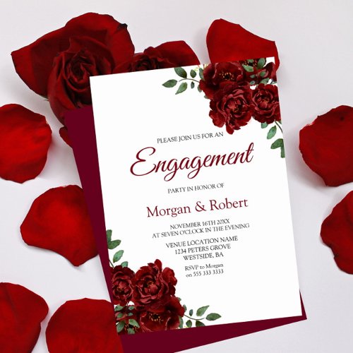 Romantic Burgundy Red Rose Engagement Party Invite