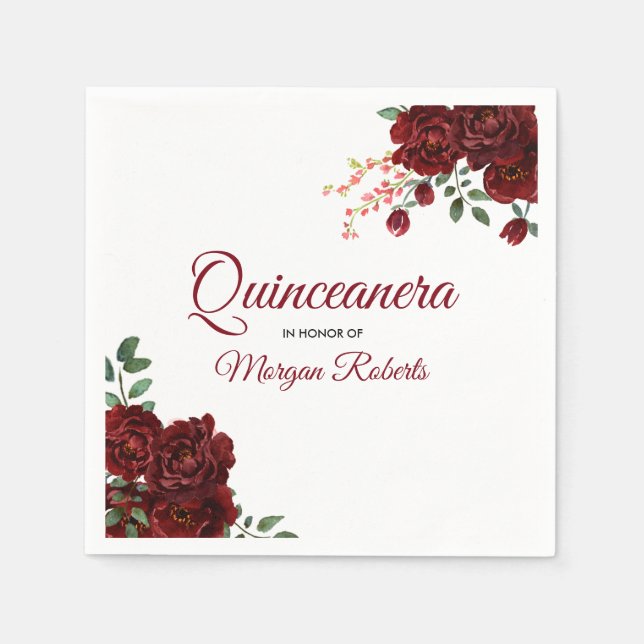 Romantic Burgundy Red Rose Floral Quinceanera Napkins (Front)