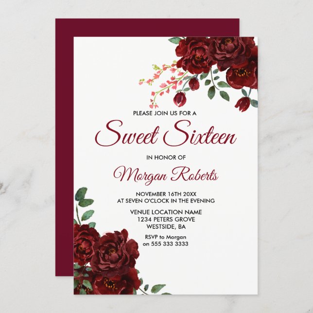 Romantic Burgundy Red Rose Floral Sweet 16 Invite (Front/Back)