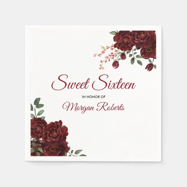 Romantic Burgundy Red Rose Floral Sweet 16 Napkins (Front)