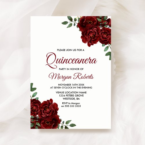 Romantic Burgundy Red Rose Quinceanera Invite