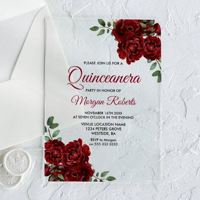 Romantic Burgundy Red Rose Quinceanera Invite Acrylic Invitations (Creator Uploaded)