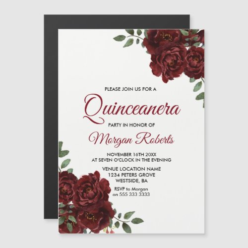 Romantic Burgundy Red Rose Quinceanera Party Magnetic Invitation