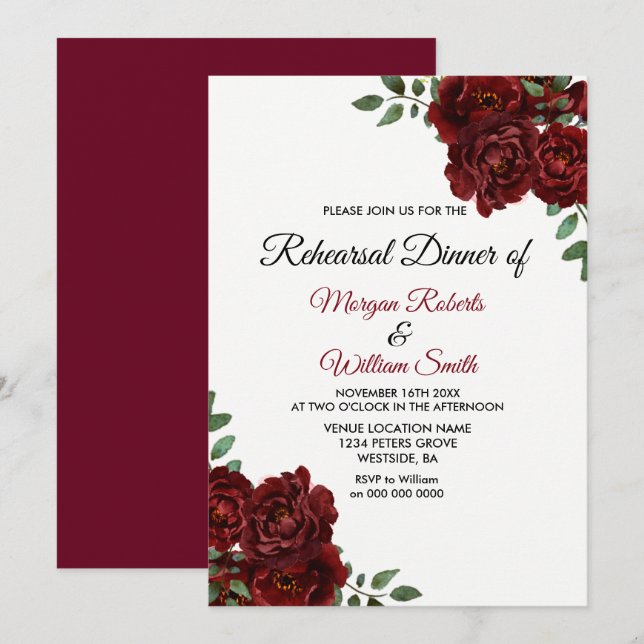 Romantic Burgundy Red Rose Rehearsal Dinner Invite (Front/Back)
