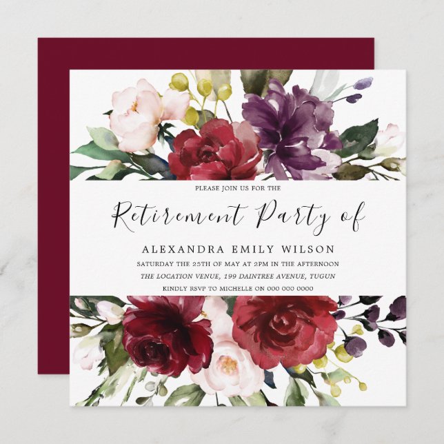 Romantic Burgundy Red Rose Retirement Party Invitation (Front/Back)