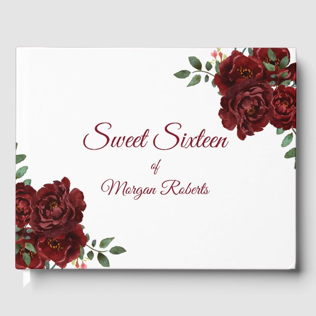 Romantic Burgundy Red Rose Sweet 16 Guestbook (Front)