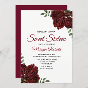 Romantic Burgundy Red Rose Sweet Sixteen Invite