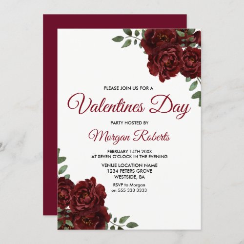 Romantic Burgundy Red Rose Valentines Day Party Invitation