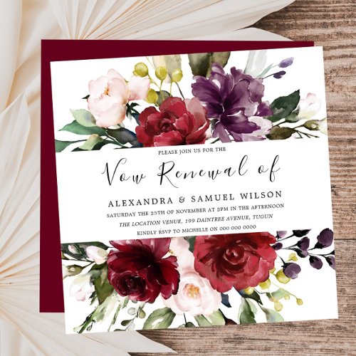 Romantic Burgundy Red Rose Vow Renewal Invitation