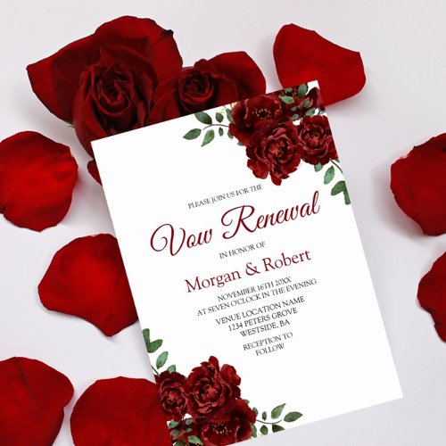 Romantic Burgundy Red Rose Vow Renewal Invite