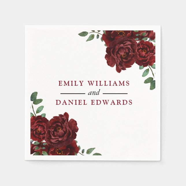 Romantic Burgundy Red Rose Wedding Engagement Napkins (Front)