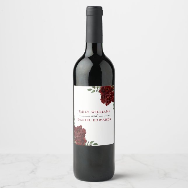 Romantic Burgundy Red Rose Wedding Engagement Wine Label (Front)