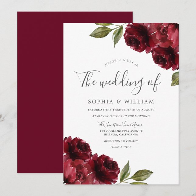 Romantic Burgundy Red Rose Wedding Invitation (Front/Back)