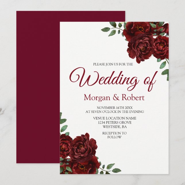 Romantic Burgundy Red Rose Wedding Invitation (Front/Back)